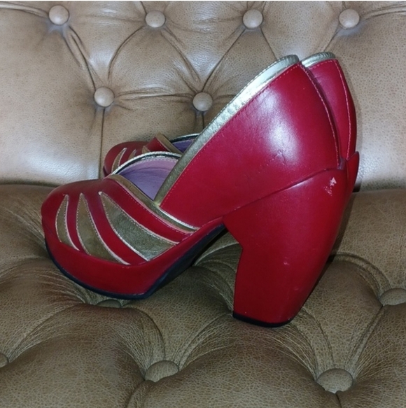 John Fluevog Lip Service Mandaly Red Gold Leather Platform Heels 90s Y2K Size 9 - Picture 3 of 9